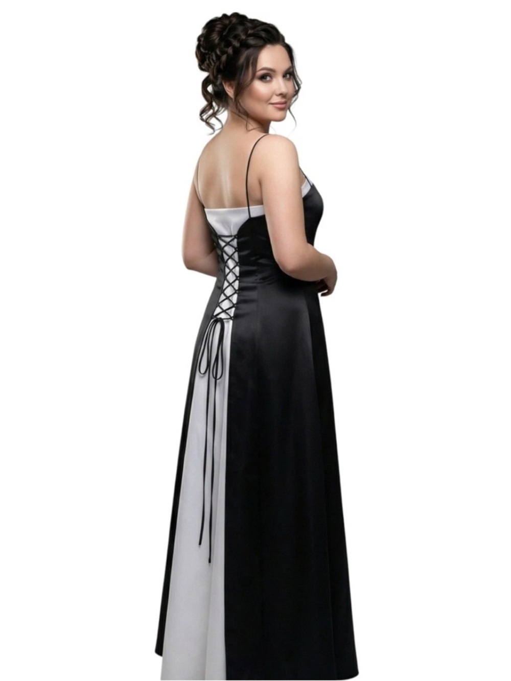 Black and White Satin Lace-Up Evening Gown